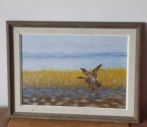 Schilderij wegvliegende eend gesigneerd BH, Antiek en Kunst, Kunst | Schilderijen | Klassiek, Ophalen
