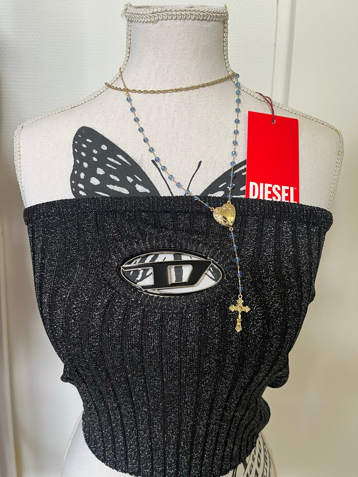 Diesel Ribgebreide Cropped Top met Logo - Nieuw met kaartje, Zwart, Nieuw, Ophalen of Verzenden, Maat 36 (S)
