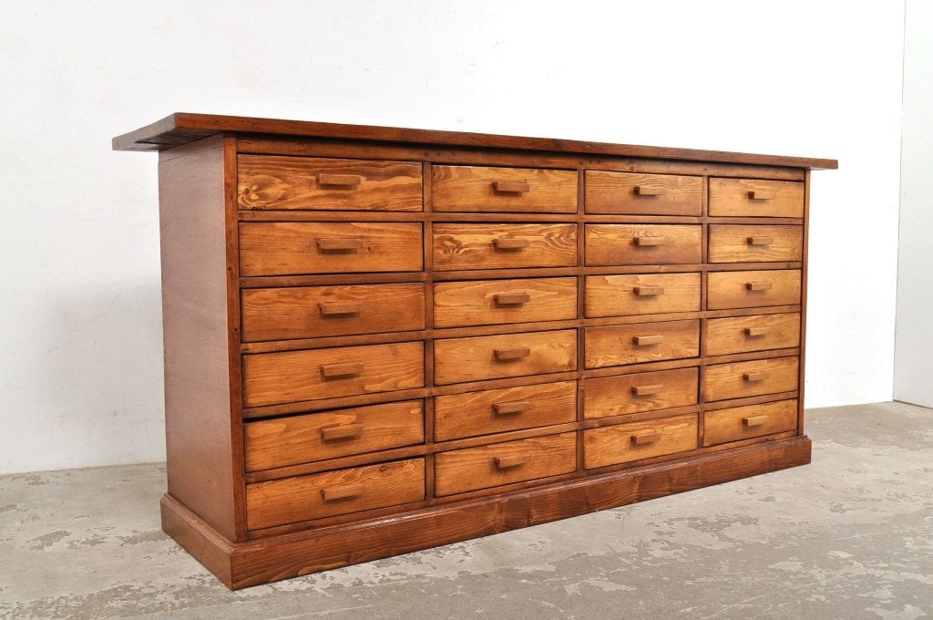 Vintage ladekast pitch pine notenhout 24 laden jaren 50, Gebruikt, 5 laden of meer, Ophalen of Verzenden, 200 cm of meer