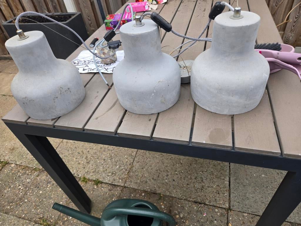Set van 3 industriële aardewerk hanglampen, Huis en Inrichting, Lampen | Hanglampen, Ophalen of Verzenden, Gebruikt, Overige materialen