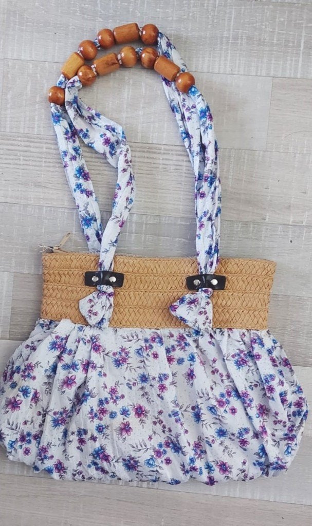 Zomerse bloemen handtas met houten kralen hengsel, Ophalen of Verzenden, Zo goed als nieuw, Wit, Handtas