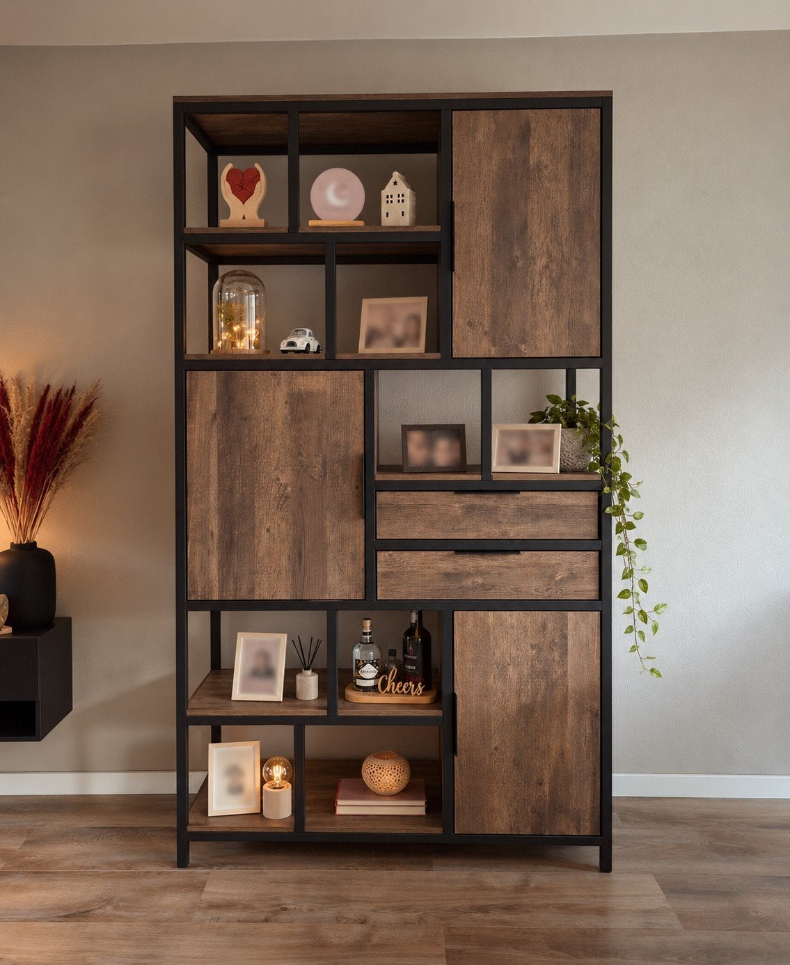 Open wandkast industrieel (zwart met hout), Ophalen, Zo goed als nieuw, 25 tot 50 cm, 200 cm of meer