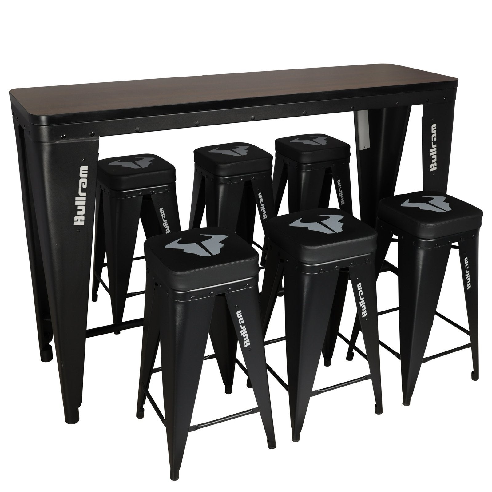Nieuwe Bullram Bartafel met 6 Krukken - Zwart Metaal & Hout, Ophalen, 5 krukken of meer, Met voetsteun, 60 tot 90 cm