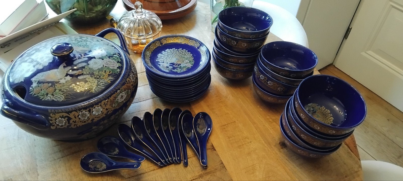 Prachtig pauw servies, compleet, blauw met goud, Ophalen of Verzenden