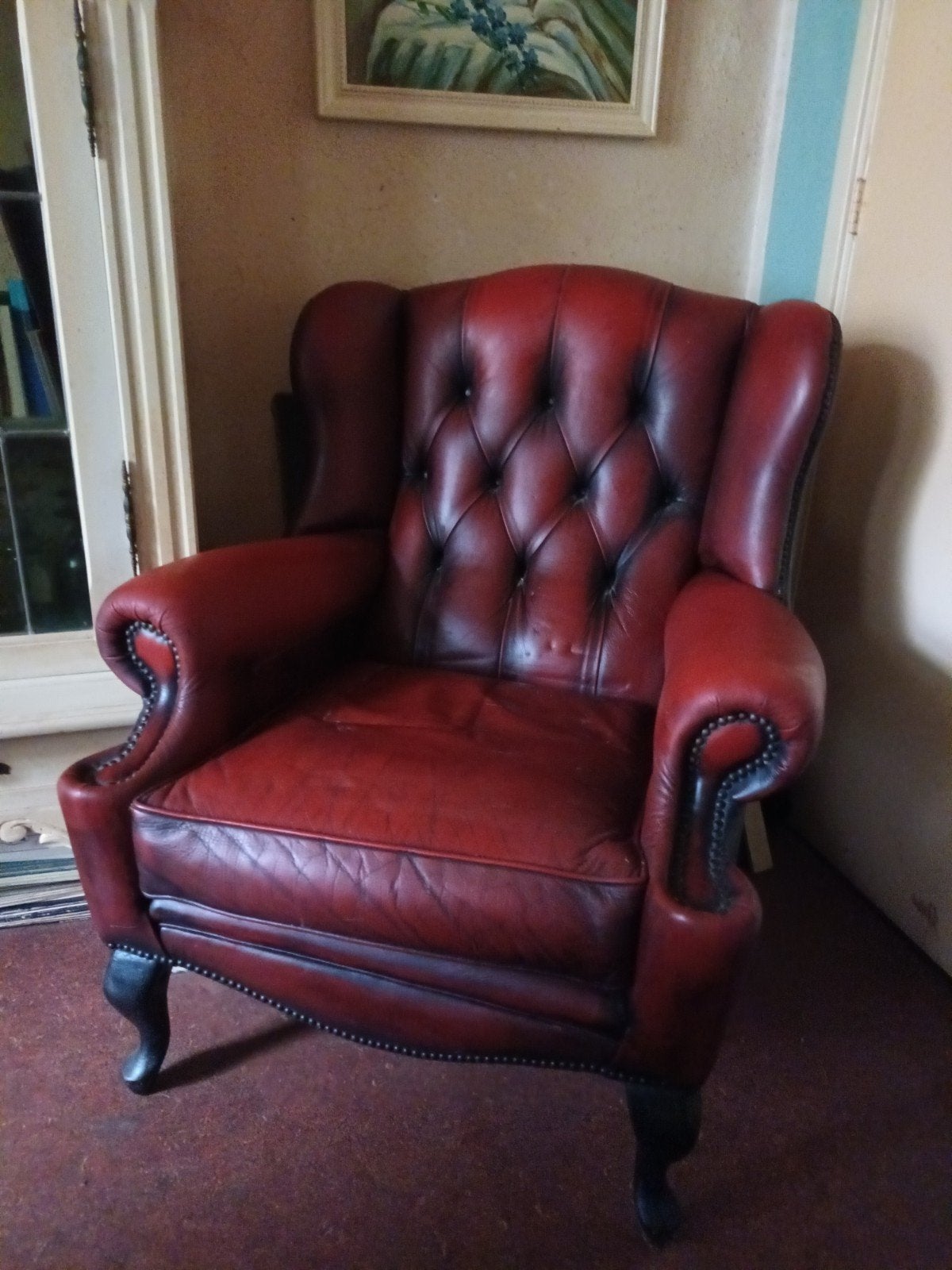 Chesterfield fauteuil - Rood leer, Ophalen, Gebruikt, Chesterfield, Klassiek, Brits, 75 tot 100 cm