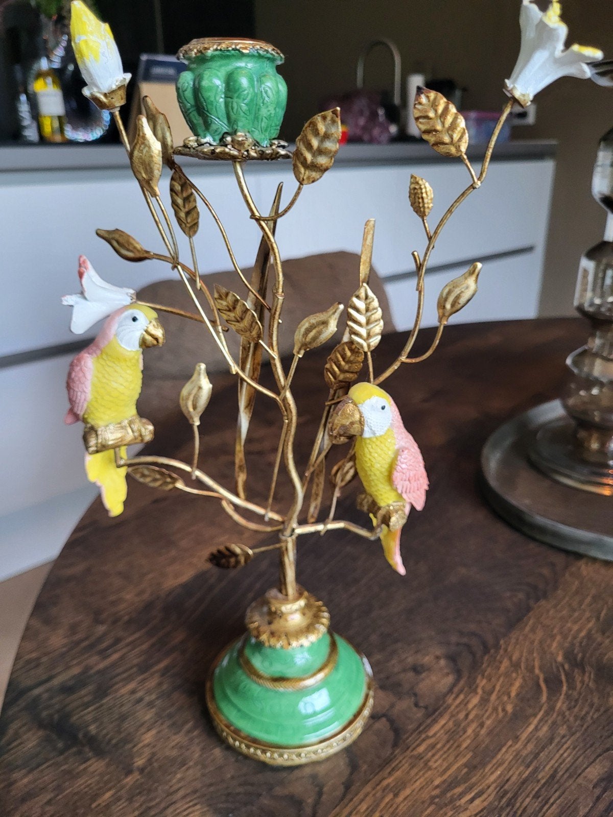 Kandelaar met bloemen en papegaaien, Huis en Inrichting, Woonaccessoires | Kandelaars en Kaarsen, Ophalen of Verzenden, Zo goed als nieuw