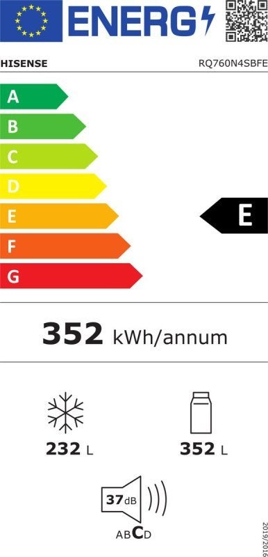 Hisense Amerikaanse koelkast RQ760N4SBFE - Zwart, 200 liter of meer, 60 cm of meer, Met aparte vriezer, Nieuw