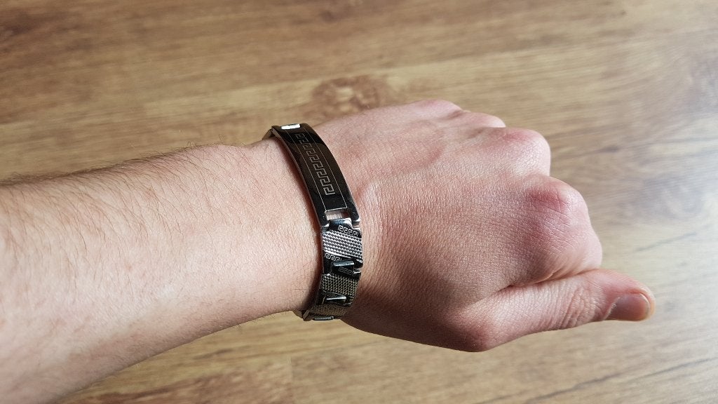 Armband RVS met Griekse tekens stainless steel 17,5cm, Ophalen of Verzenden, Gebruikt, Zilver, Staal