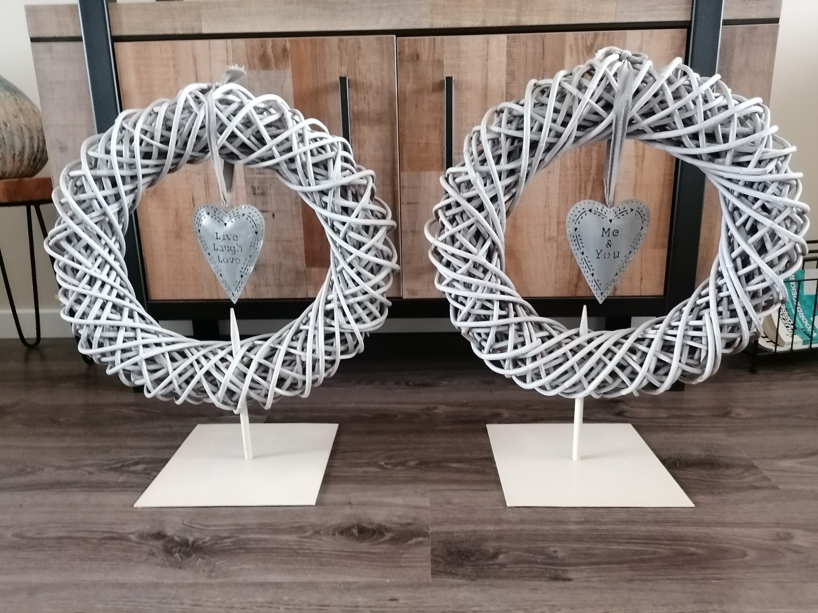 Set decoratieve lichtgrijze rotan kransen met metalen vo, Ophalen, Natuurlijk materiaal, Grijs, Landelijk