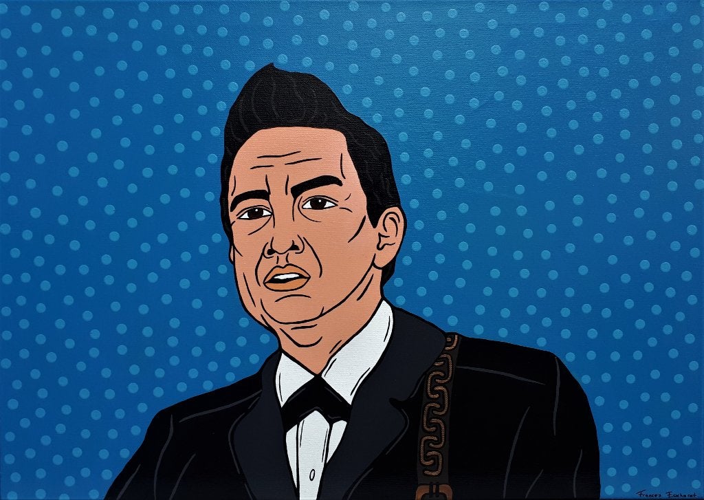 Johnny Cash canvas handgeschilderd 50x70 cartoon pop art, Antiek en Kunst, Verzenden, Handgeschilderd, Acrylverf, Muziek
