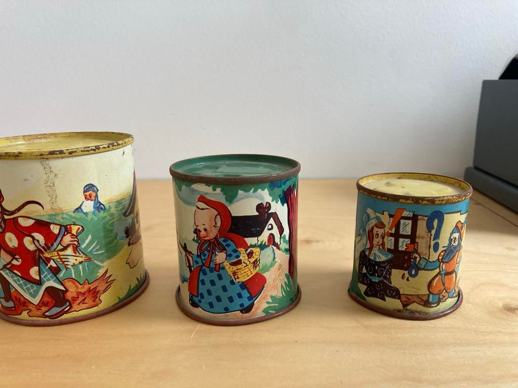 Vintage kinderspeelgoed Blik gooien sprookjesfiguren 6x, Ophalen of Verzenden, Gebruikt, Koek(jes), Overige merken