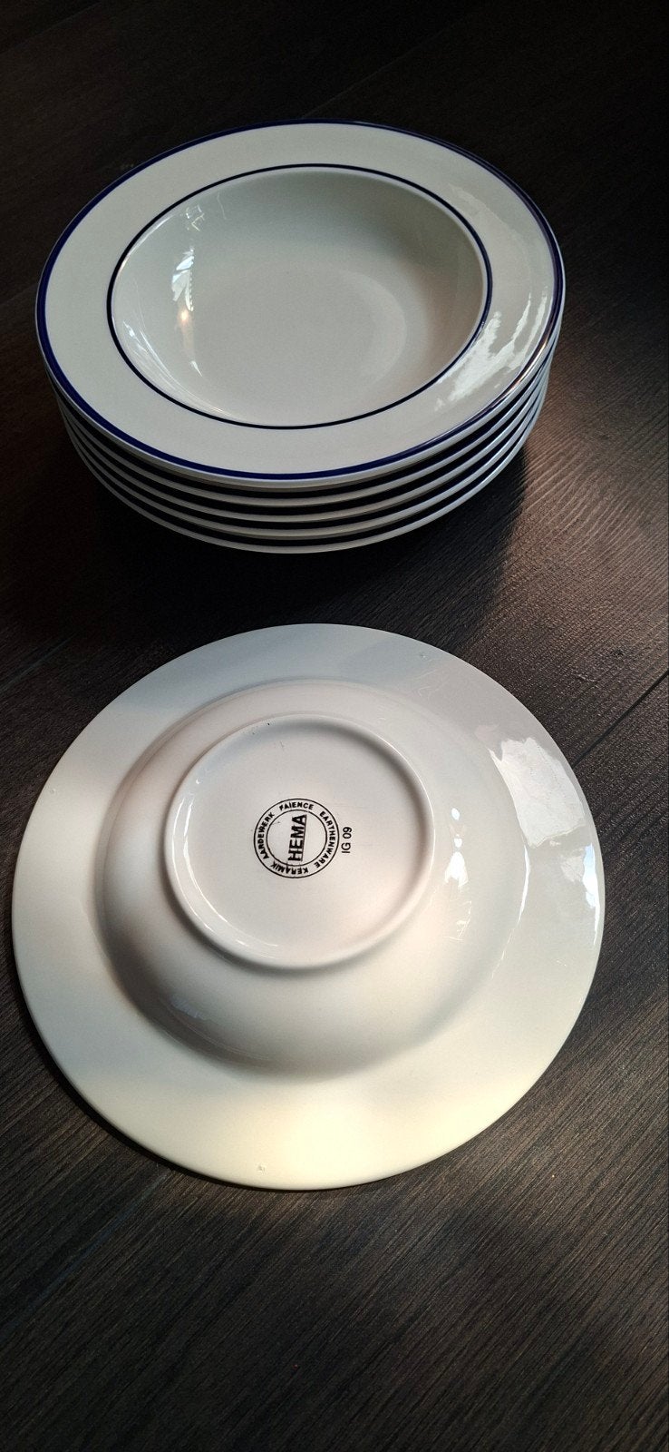6 Vintage HEMA stoepborden wit met blauwe lijn, Hema, Ophalen of Verzenden, Zo goed als nieuw, Bord(en)