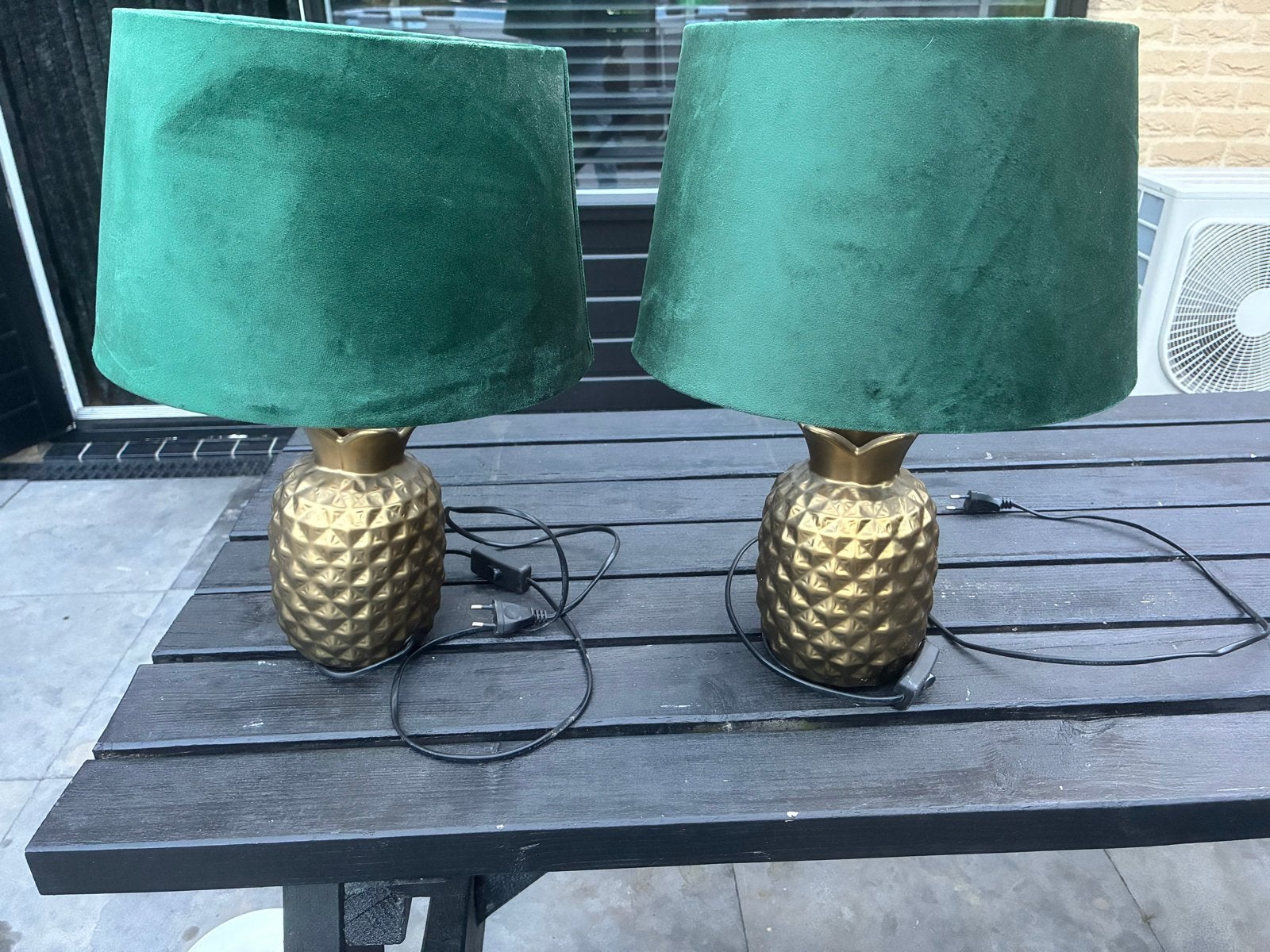 2 Ananas Tafellampen met Groene Kap, Huis en Inrichting, Met schakelaar, Gebruikt, Groen, Ophalen of Verzenden