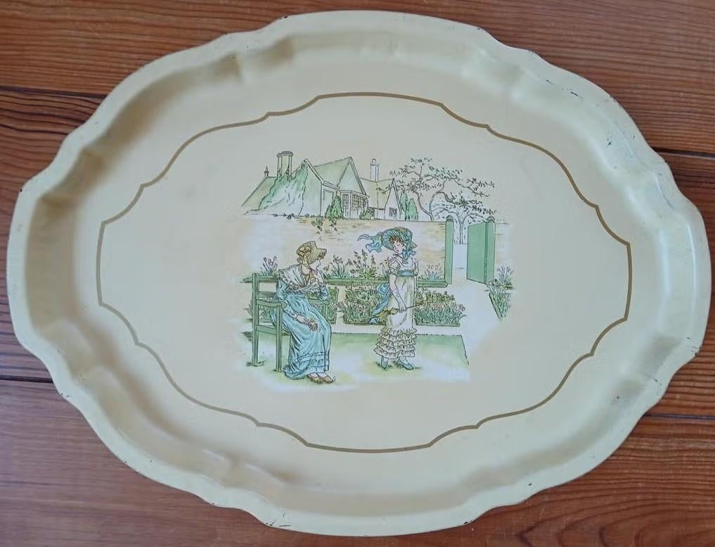 Vintage Engels pastel geel dienblad Kate Greeneway, Ophalen of Verzenden, Gebruikt, Ovaal, Metaal