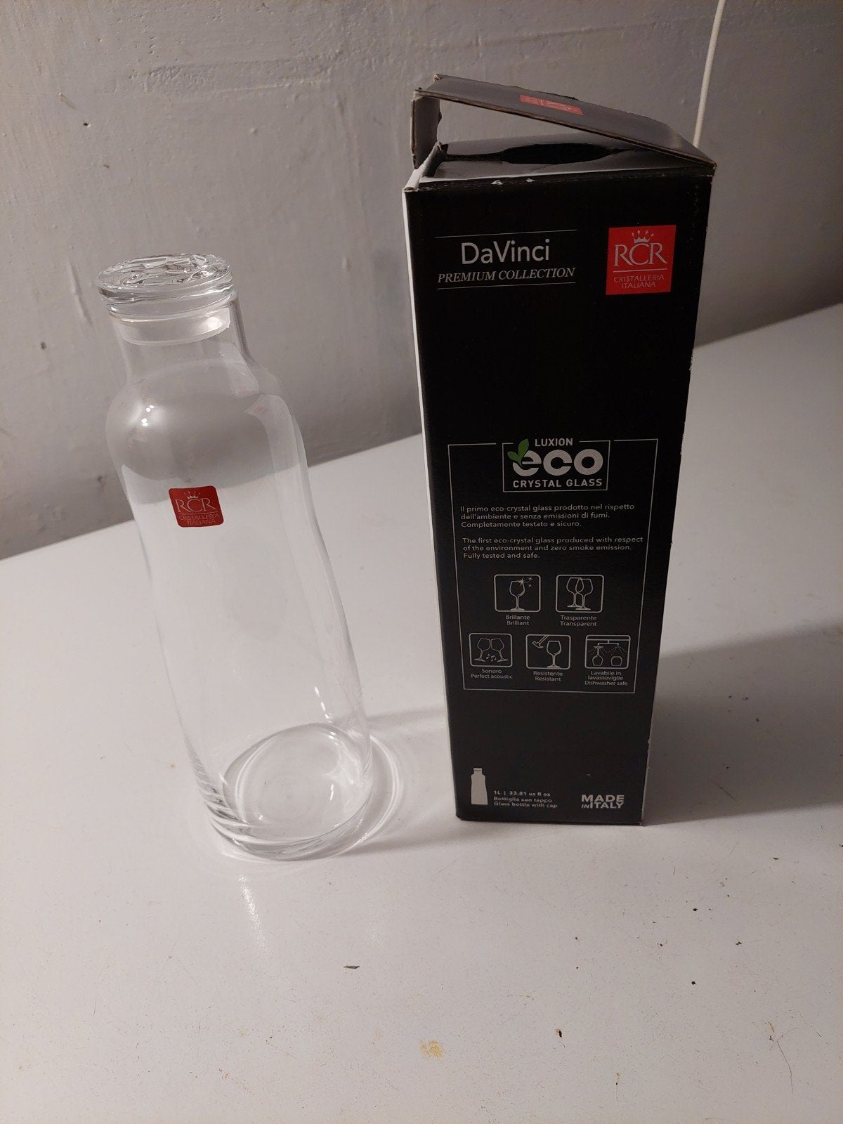 RCR DaVinci Eco Crystal Glass Waterfles 1L, Ophalen, Nieuw, Transparant, Glas