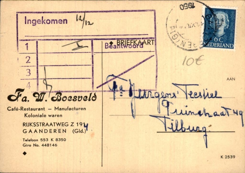 Gaanderen - Fa. W. Boesveld - Rijksstraatweg 191, Ophalen of Verzenden, 1940 tot 1960, Gelopen, Gelderland