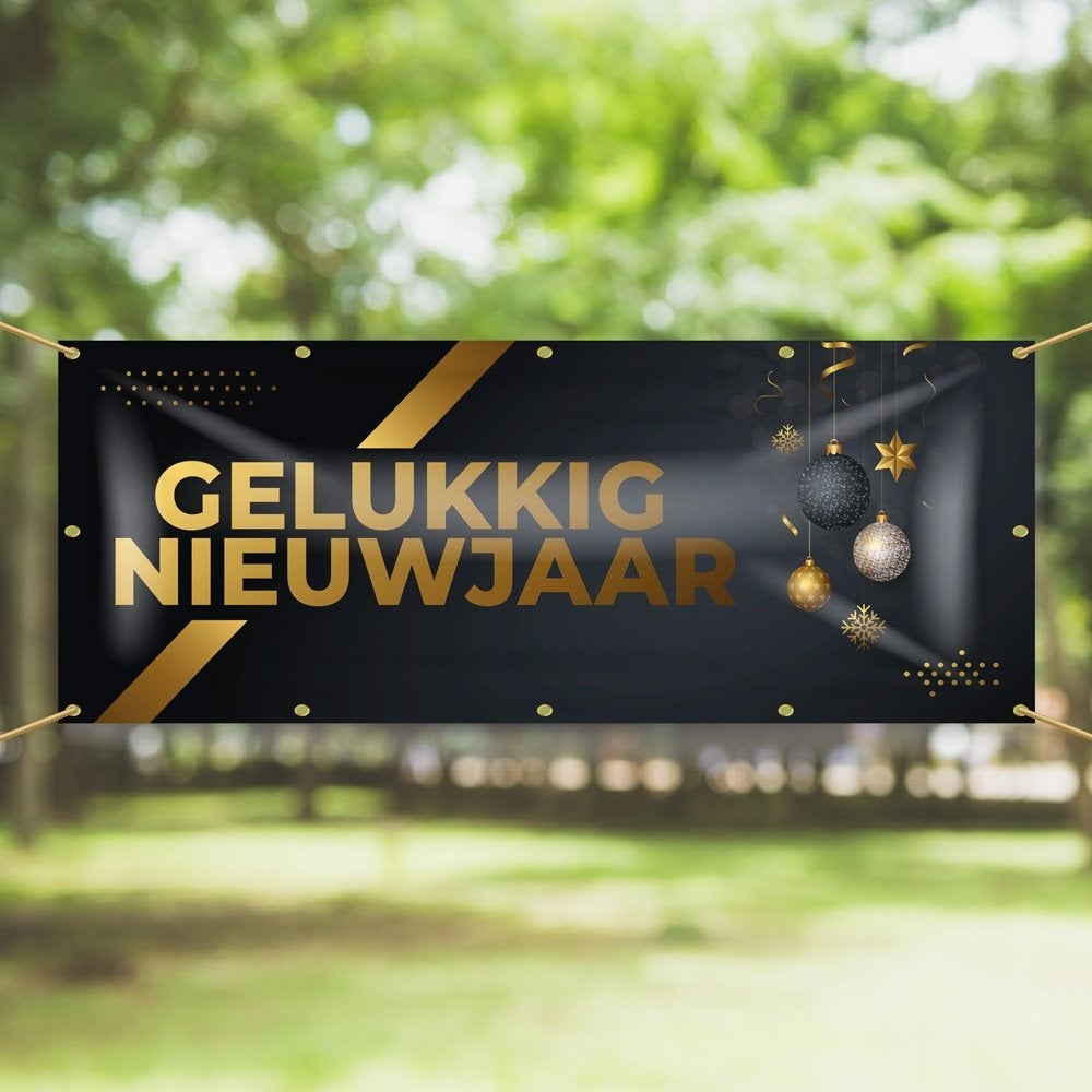 Spandoek Gelukkig nieuwjaar, Gouden versieringen 150x50cm, Ophalen of Verzenden, Nieuw, Versiering, Overige