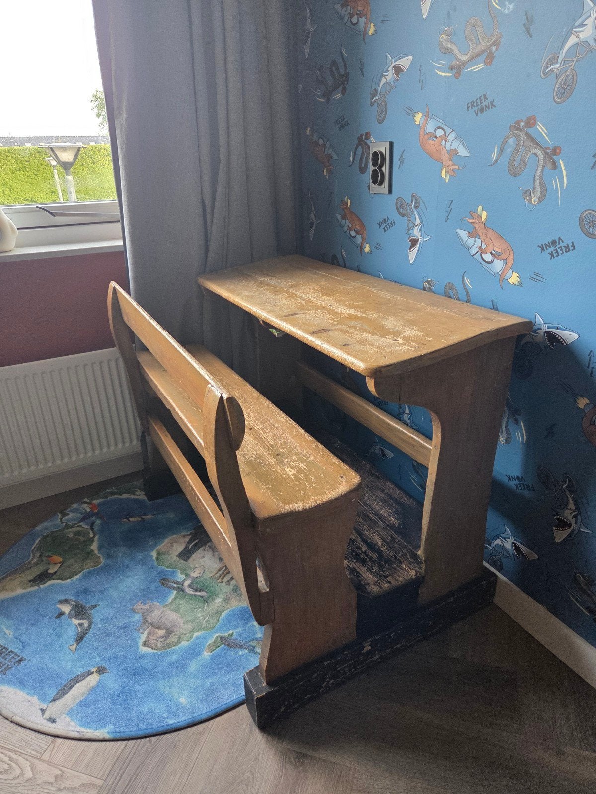Vintage houten schoolbankje met bank, Antiek en Kunst, Ophalen