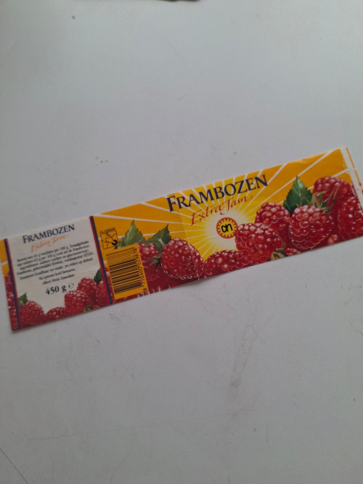 Etiket AH frambozen Extra Jam., Ophalen of Verzenden, Zo goed als nieuw, Overige typen