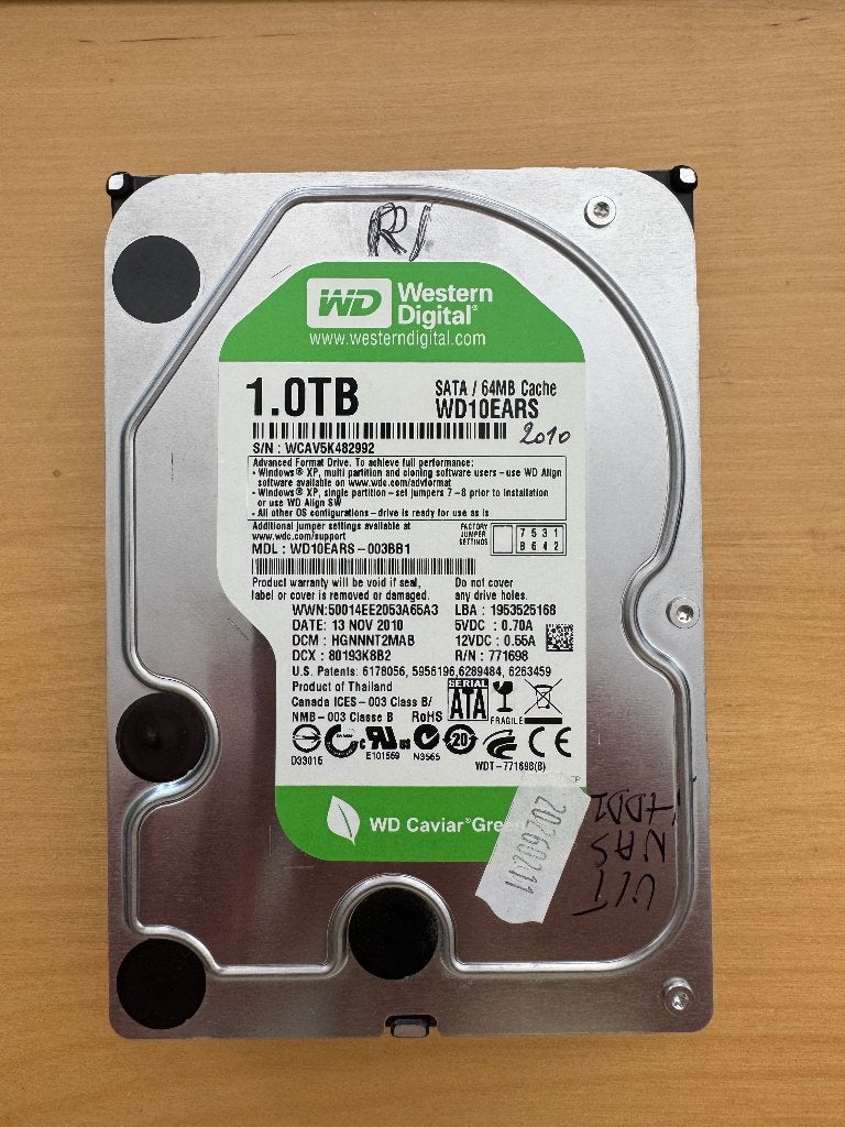 WD Green SATA 3 Gb/s WD10EARS, 1TB 5400 RPM, Computers en Software, Harde schijven, Intern, Gebruikt, Desktop, 1 TB