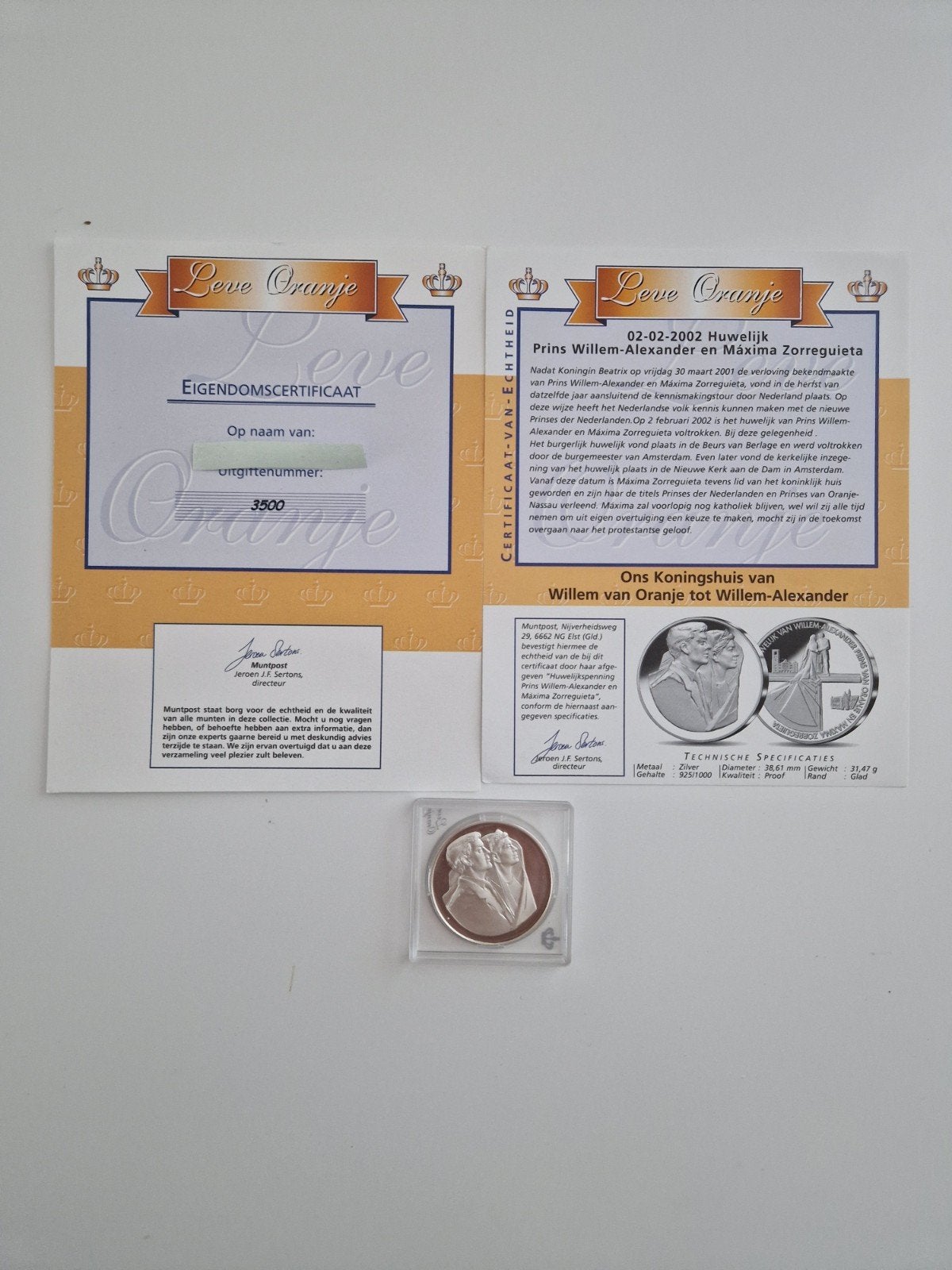 Huwelijk WIllem A & Máxima 2002 Herdenkingspenning Zilver, Koningin Beatrix, Zilver, Euro's, Ophalen of Verzenden