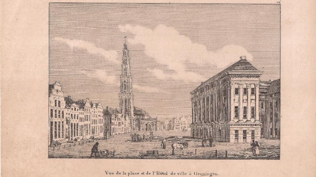Vue de la Place et de l' Hôtel de Ville à Groningen 1842, 1800 - 1899, Stadsgezicht, Ophalen of Verzenden, Origineel