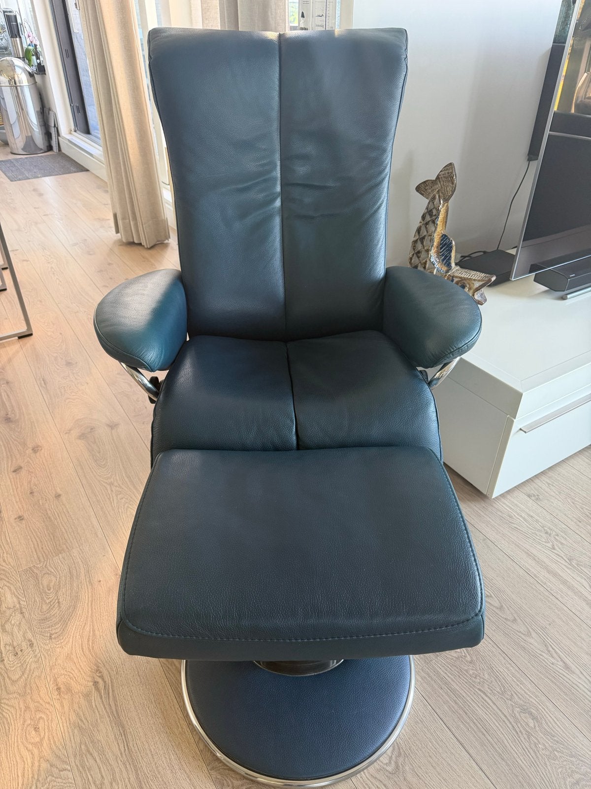 Stressless Draaifauteuil met Hocker - Blauw Leer, Ophalen, Gebruikt, Leer, 75 tot 100 cm
