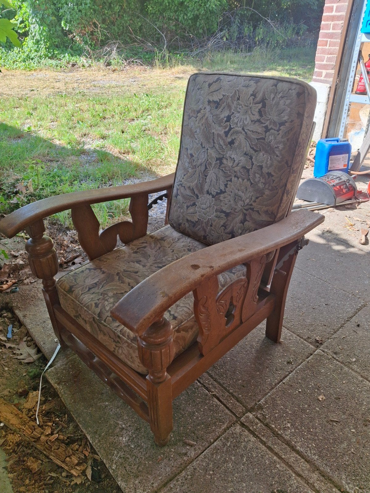 Vintage houten fauteuil met bloemenprint, Antiek en Kunst, Ophalen