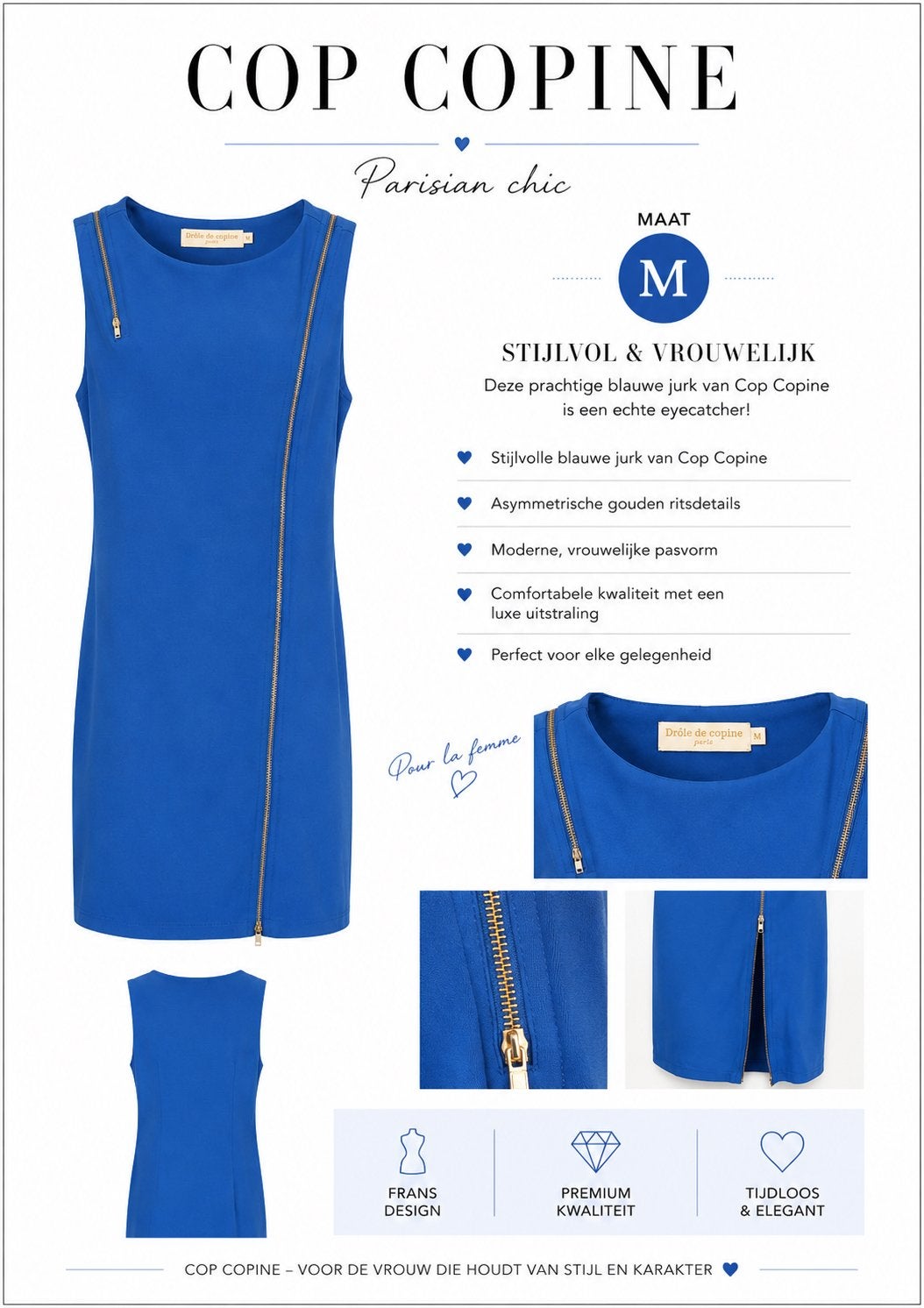 Prachtige Koningsblauwe Etui-jurk met Gouden Ritsdetails, Kleding | Dames, Ophalen of Verzenden, Zo goed als nieuw, Maat 38/40 (M)