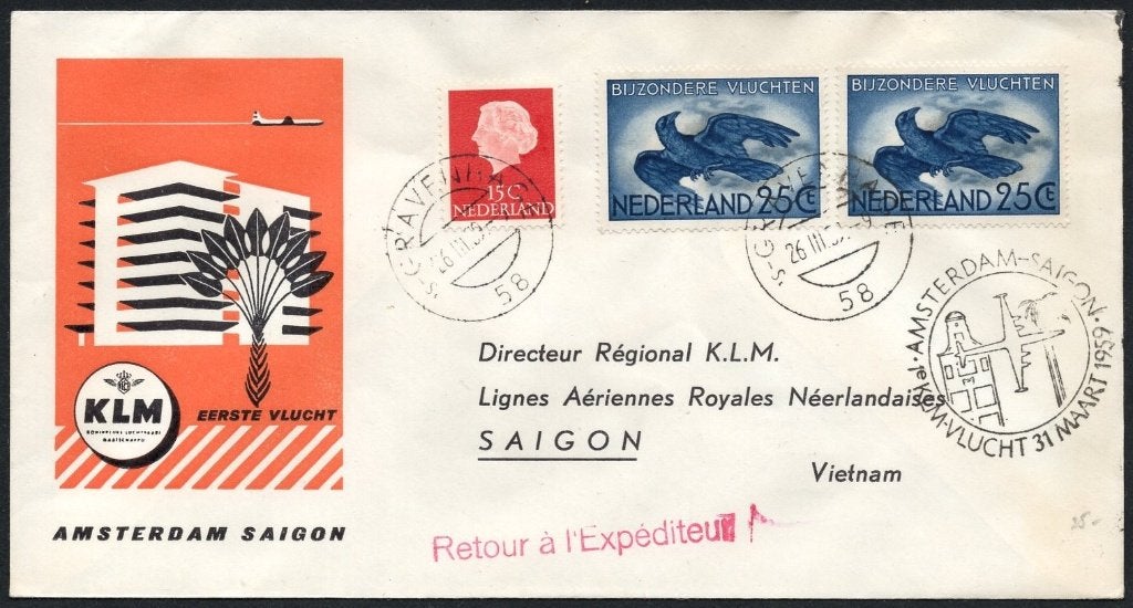 1e KLM vlucht Saigon Vietnam, Verzenden, Envelop