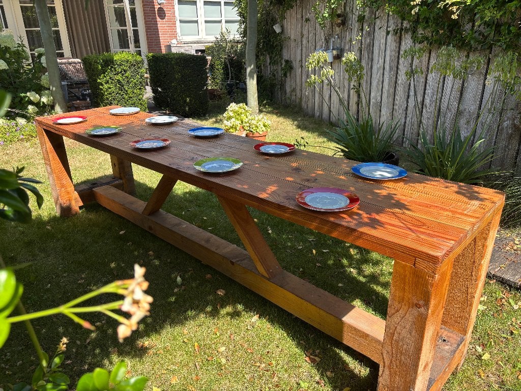 Prachtige tuintafel met Douglas blad  275 x 60 x 76 MOET WEG, Ophalen, Gebruikt, Rechthoekig, Hout