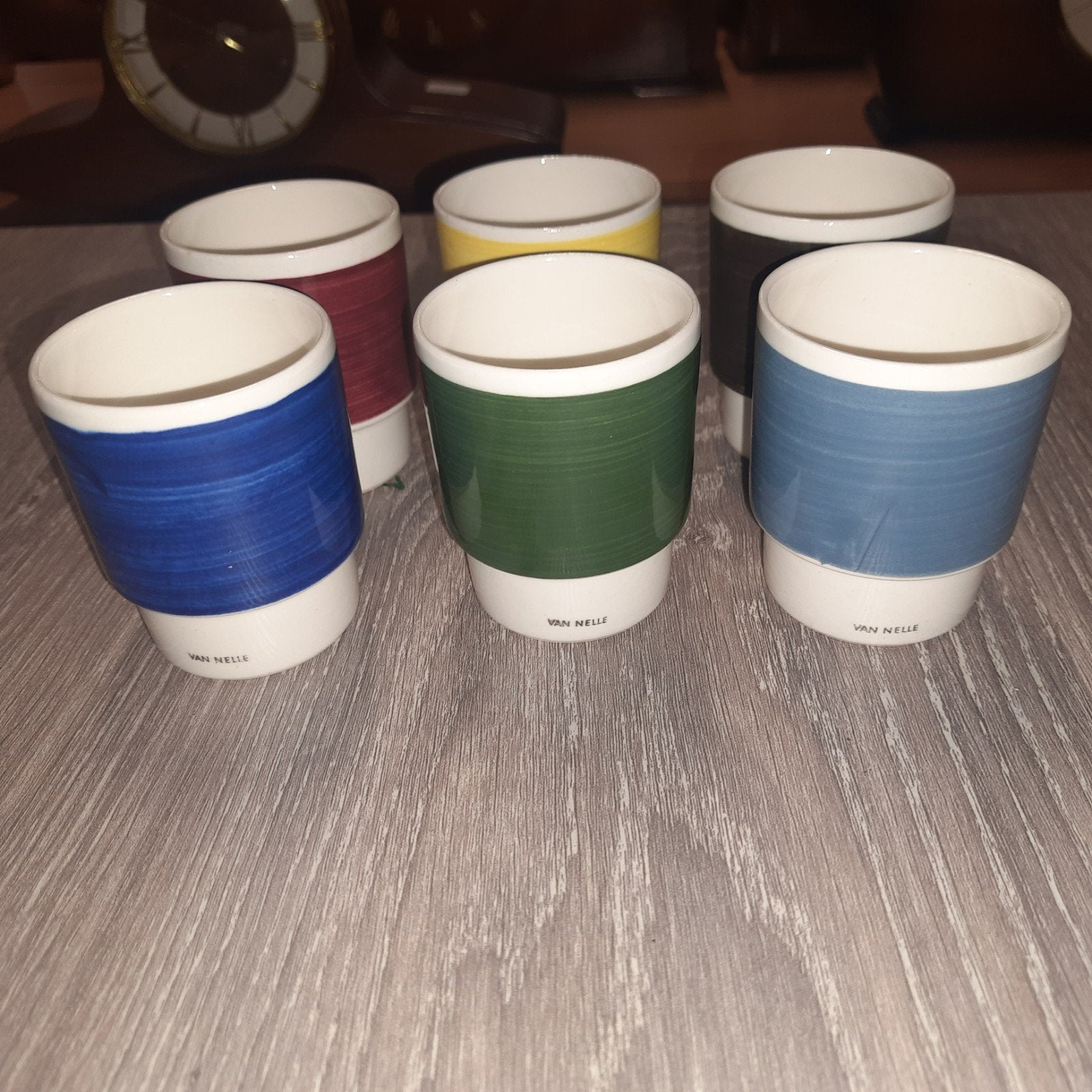 Set van 6 Van Nelle stapelbare mokken in diverse kleuren, Gebruikt, Overige merken, Keramiek, Modern