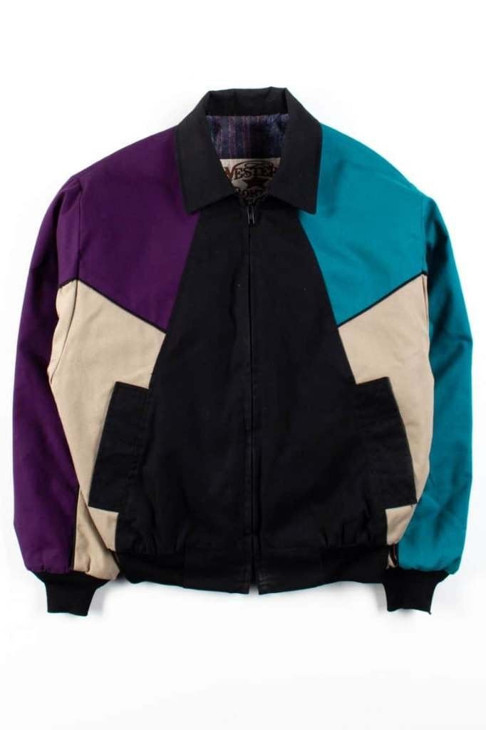 Vintage Western Frontier Bomber Jacket Teal Purple Black, Ophalen of Verzenden, Zo goed als nieuw, Maat 48/50 (M), Meerkleurig