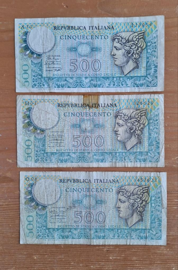 Set van 3 Italiaanse 500 Lire biljetten (1966-1979), Postzegels en Munten, Bankbiljetten | Europa | Eurobiljetten, Verzenden, Italië