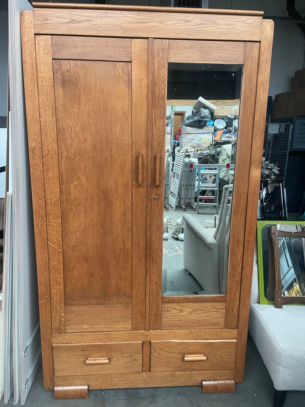 Vintage Eiken Kledingkast met Spiegel en Lades, Antiek en Kunst, Ophalen of Verzenden