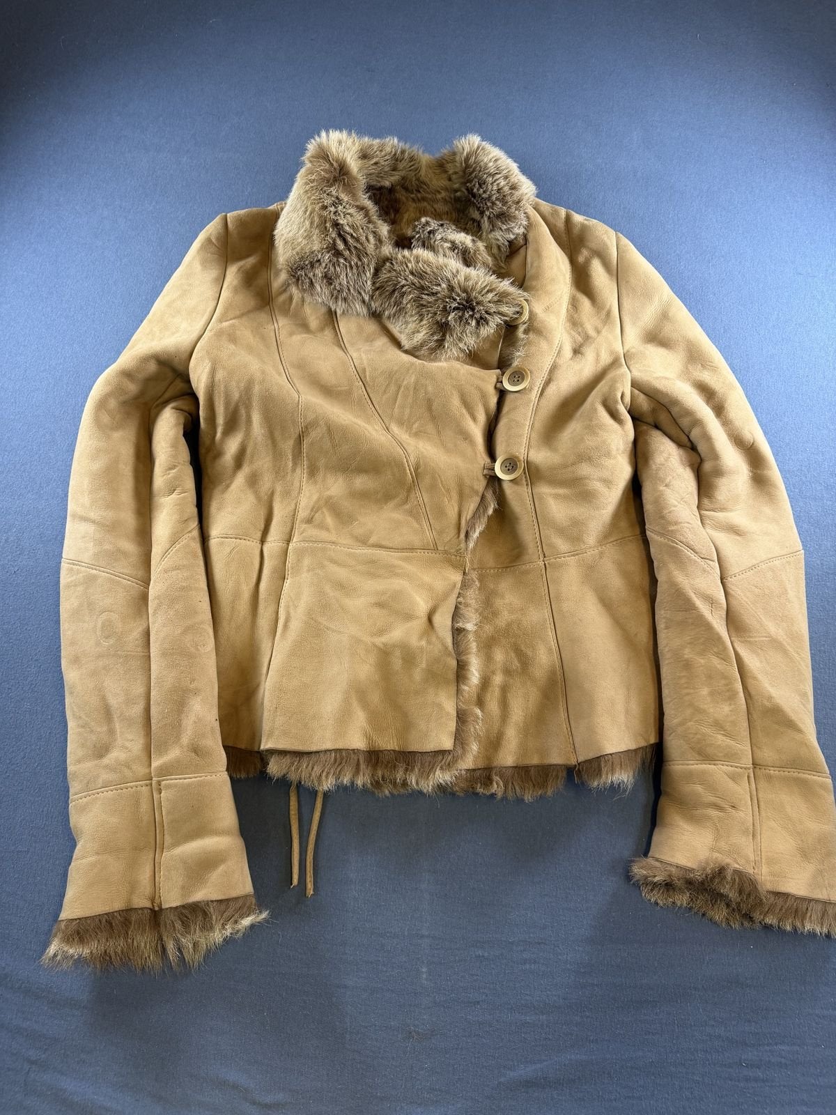 Vintage Dressing Afghaanse jas beige dames maat M leer wol, Maat 38/40 (M), Bayline Vintage Trading, Verzenden, Beige