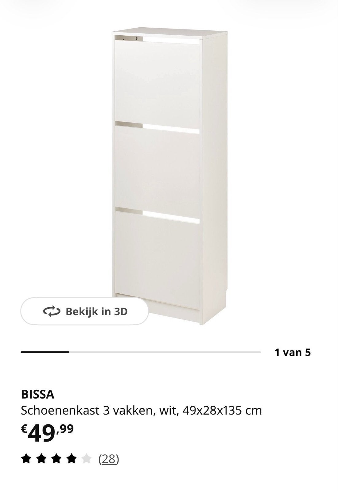 BISSA Schoenenkast 3 vakken, wit, 49x28x135 cm, Huis en Inrichting, Ophalen of Verzenden, Zo goed als nieuw