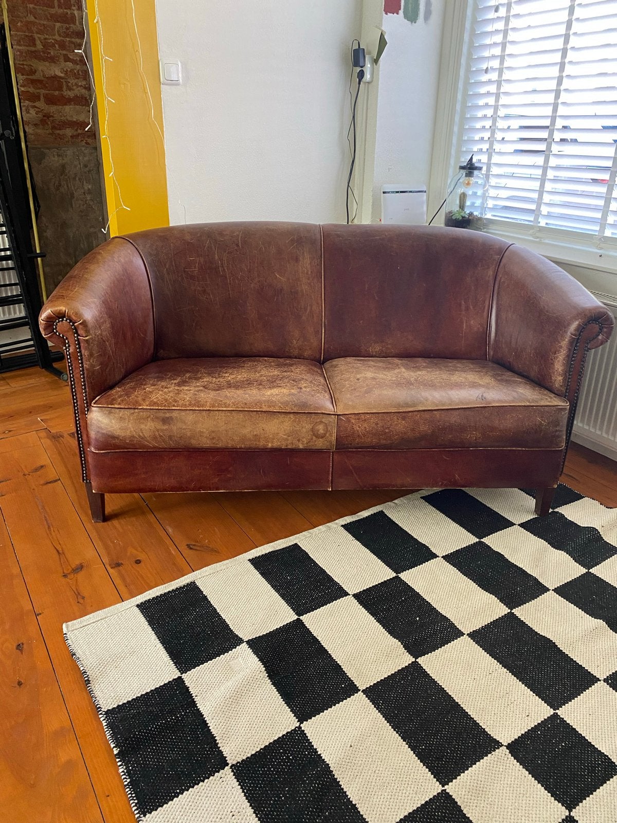 Chesterfield clubbank - Vintage bruin leer, Ophalen, Gebruikt, 150 tot 200 cm, Tweepersoons