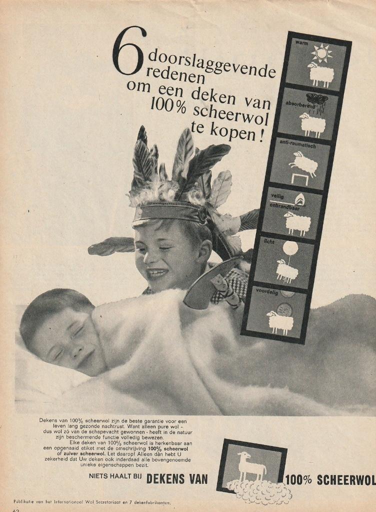 Retro reclame 1962 Scheerwol wollen dekens jongetjes indiaan, Verzenden, Overige typen