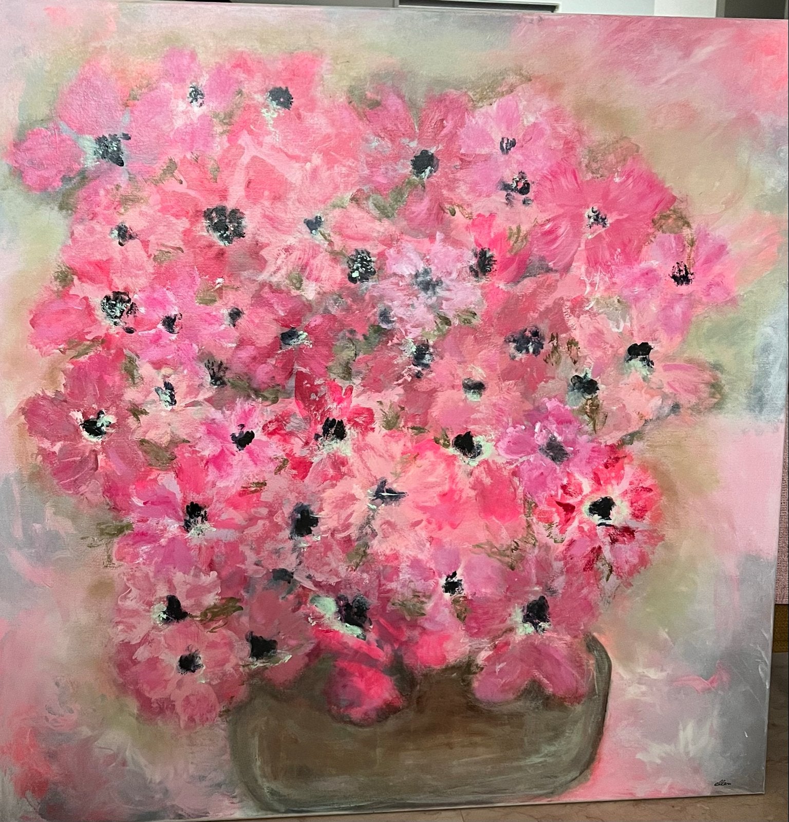 Canvas Schilderij 90x90 cm - Roze Bloemen Boeket, Ophalen