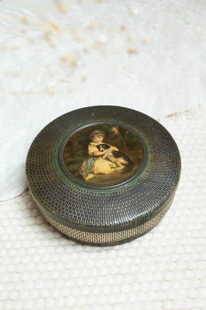 Vintage Antiek blik meisje met hond, Ophalen of Verzenden, Gebruikt, Overige