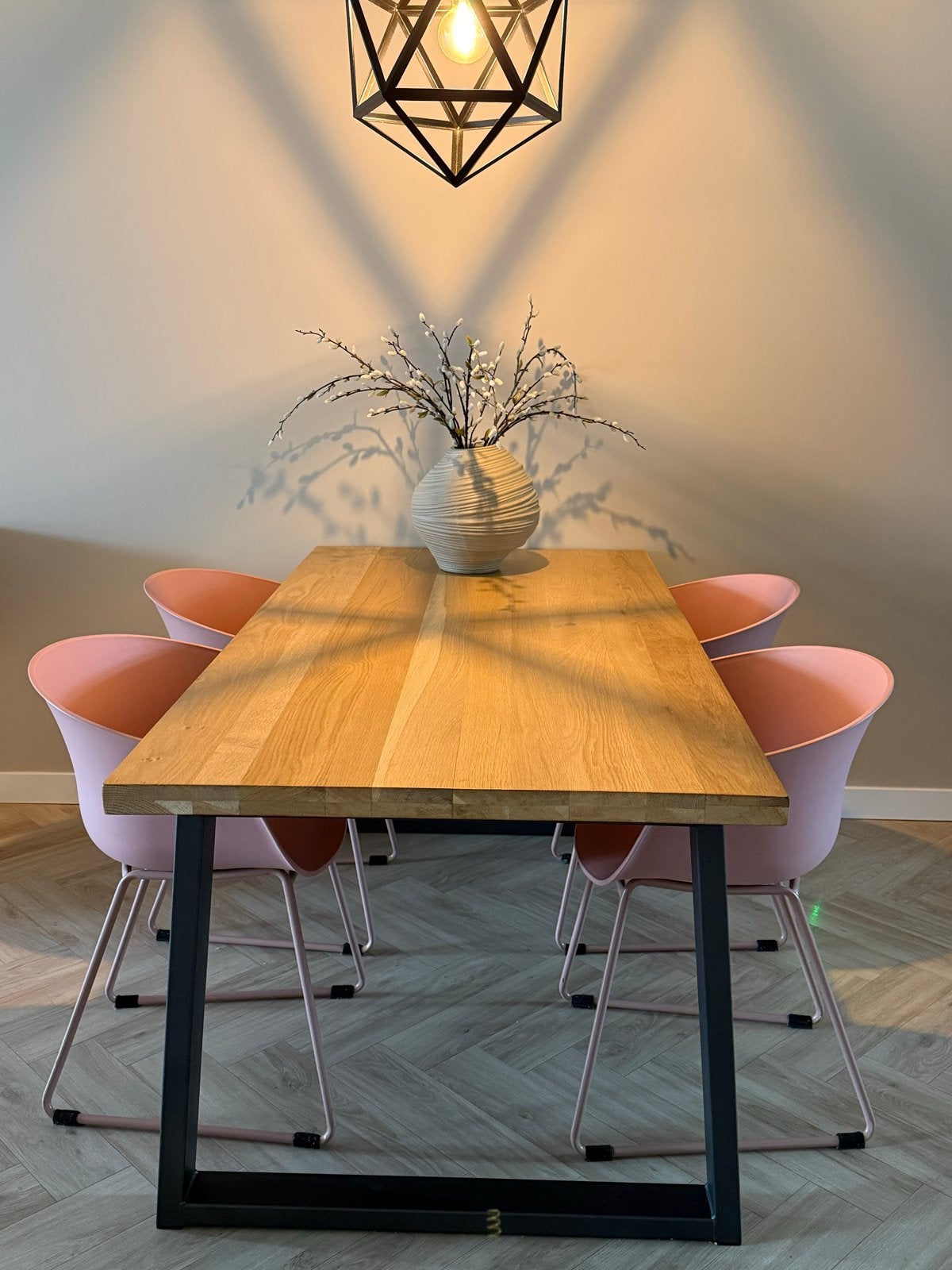 Eikenhouten eettafel 180 cm met metalen onderstel, Gebruikt, Eikenhout, 150 tot 200 cm, Modern