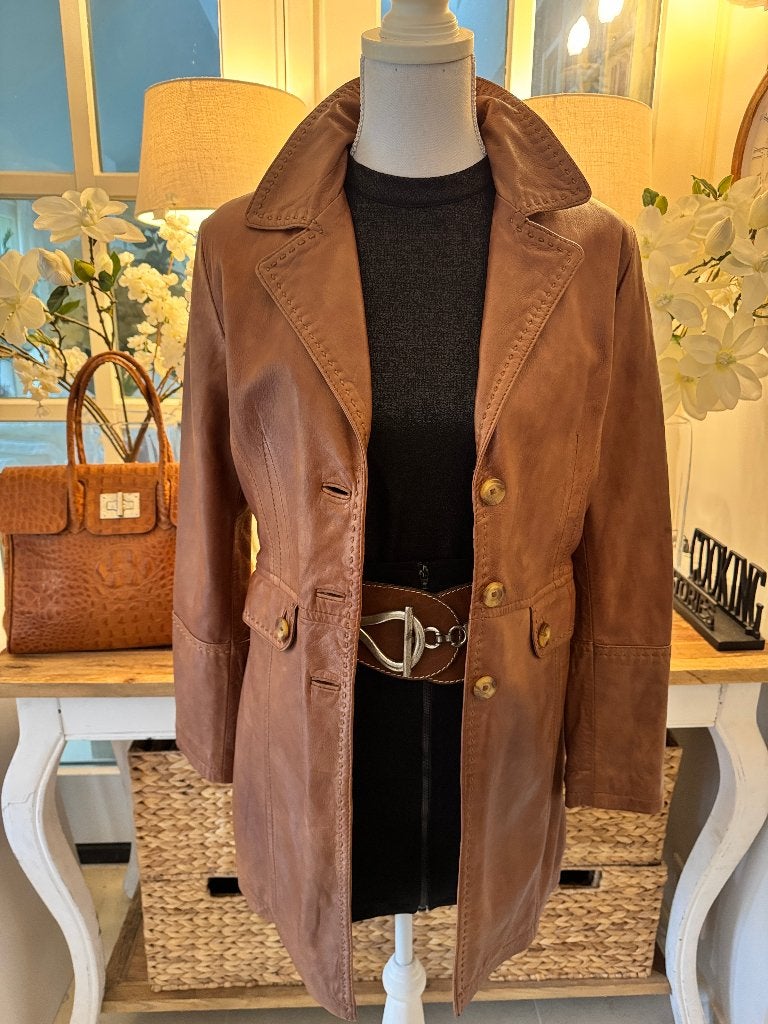 Nieuwe, 3/4 lang leren Cognac-Camel jas Transmission, 38/M., Verzenden, Nieuw, Maat 38/40 (M), Bruin