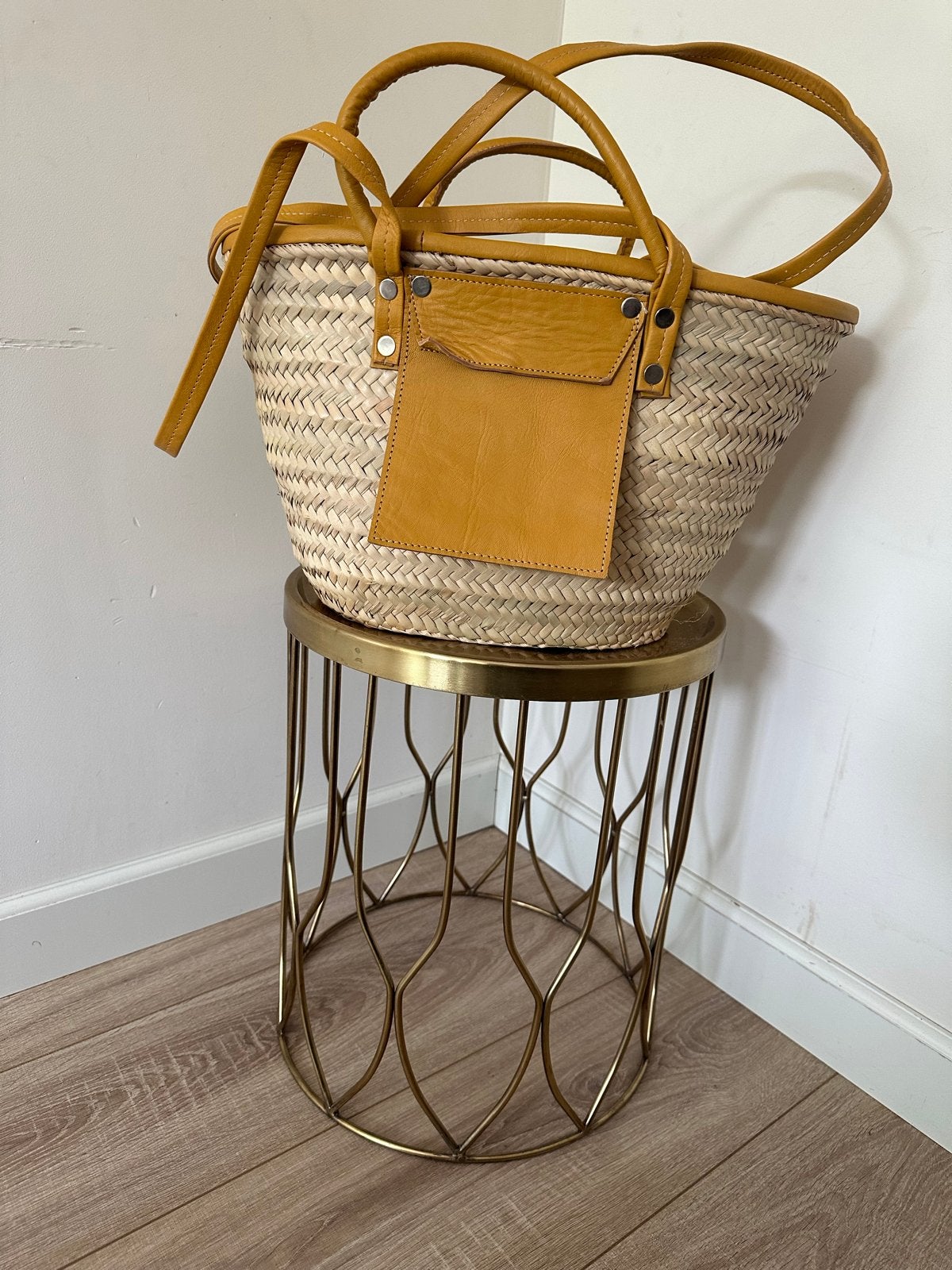 Marokkaanse handgemaakte rieten tas met leren details, Ophalen of Verzenden, Nieuw, Beige, Shopper