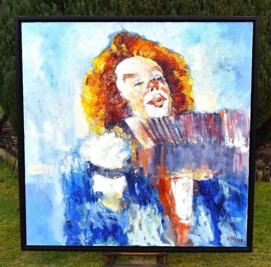Henri hess , muziek makende Clown,100x100cm op linnen., Ophalen