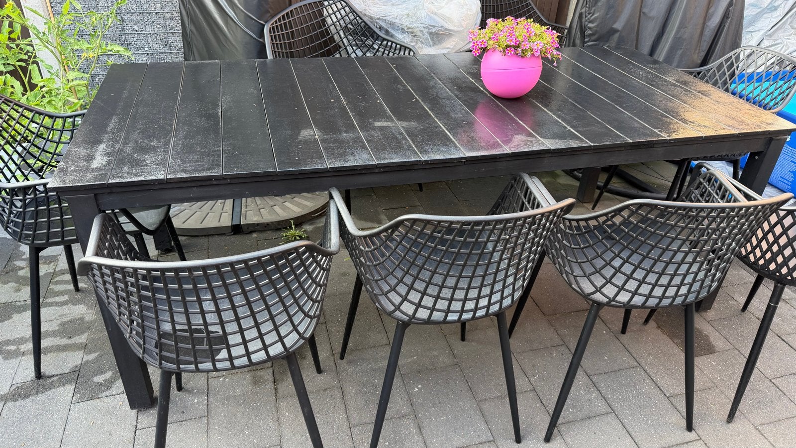 Uitschuifbare tuintafel met 8 kunststof stoelen, Ophalen, Gebruikt, Rechthoekig, Kunststof