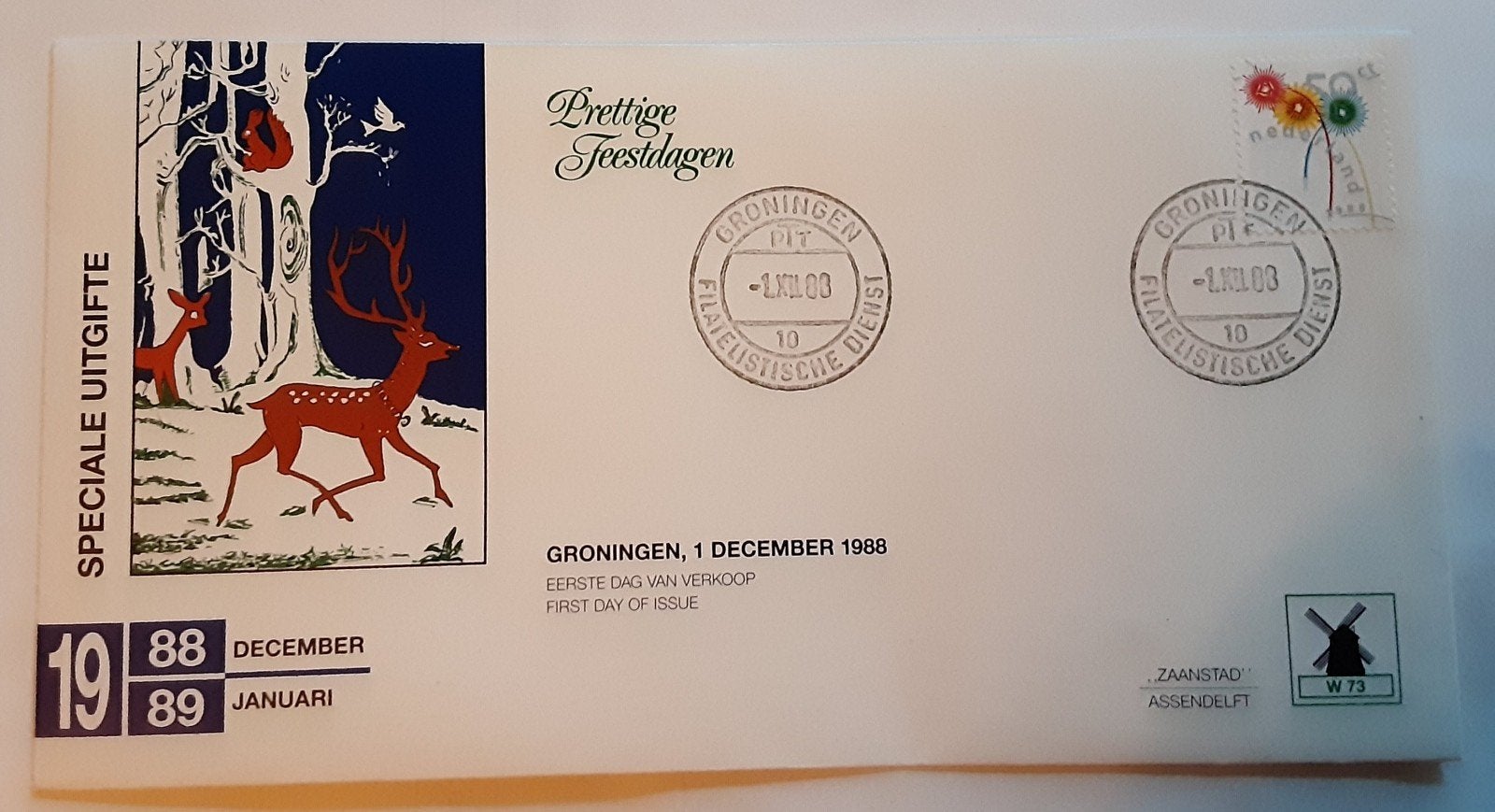 FDC W73 Decemberzegels 1988 NL onbeschreven, Ophalen of Verzenden, Nederland