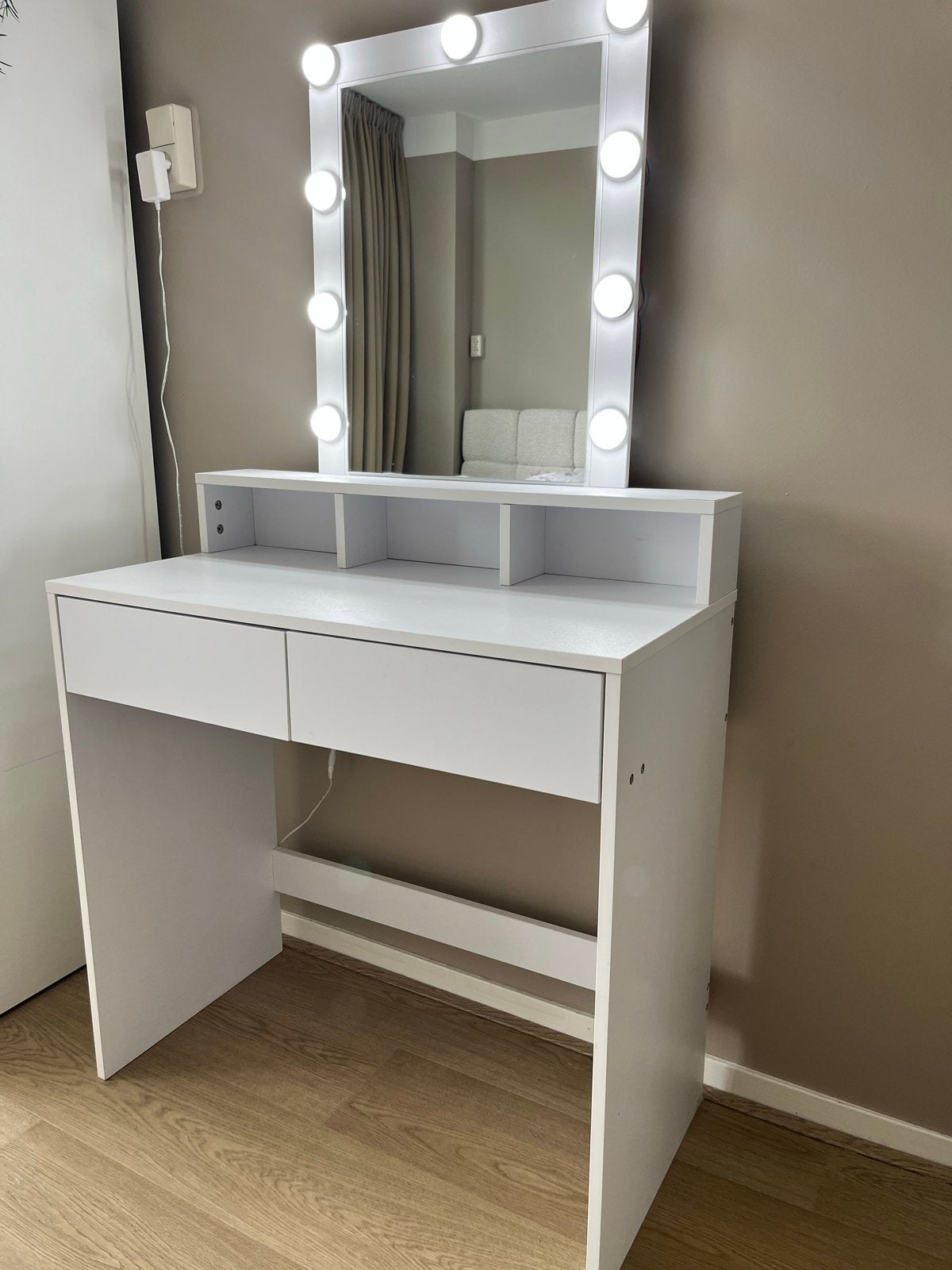Witte kaptafel met spiegel en verlichting, Gebruikt, 100 tot 150 cm, Hout, 50 tot 100 cm