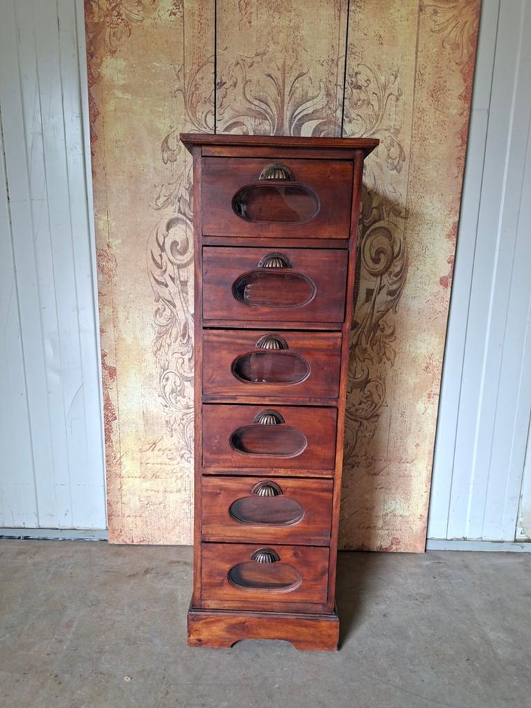 Teakhouten ladenkast, apothekerskast archiefkast met decorat, Huis en Inrichting, Kasten | Ladekasten, 5 laden of meer, Ophalen of Verzenden