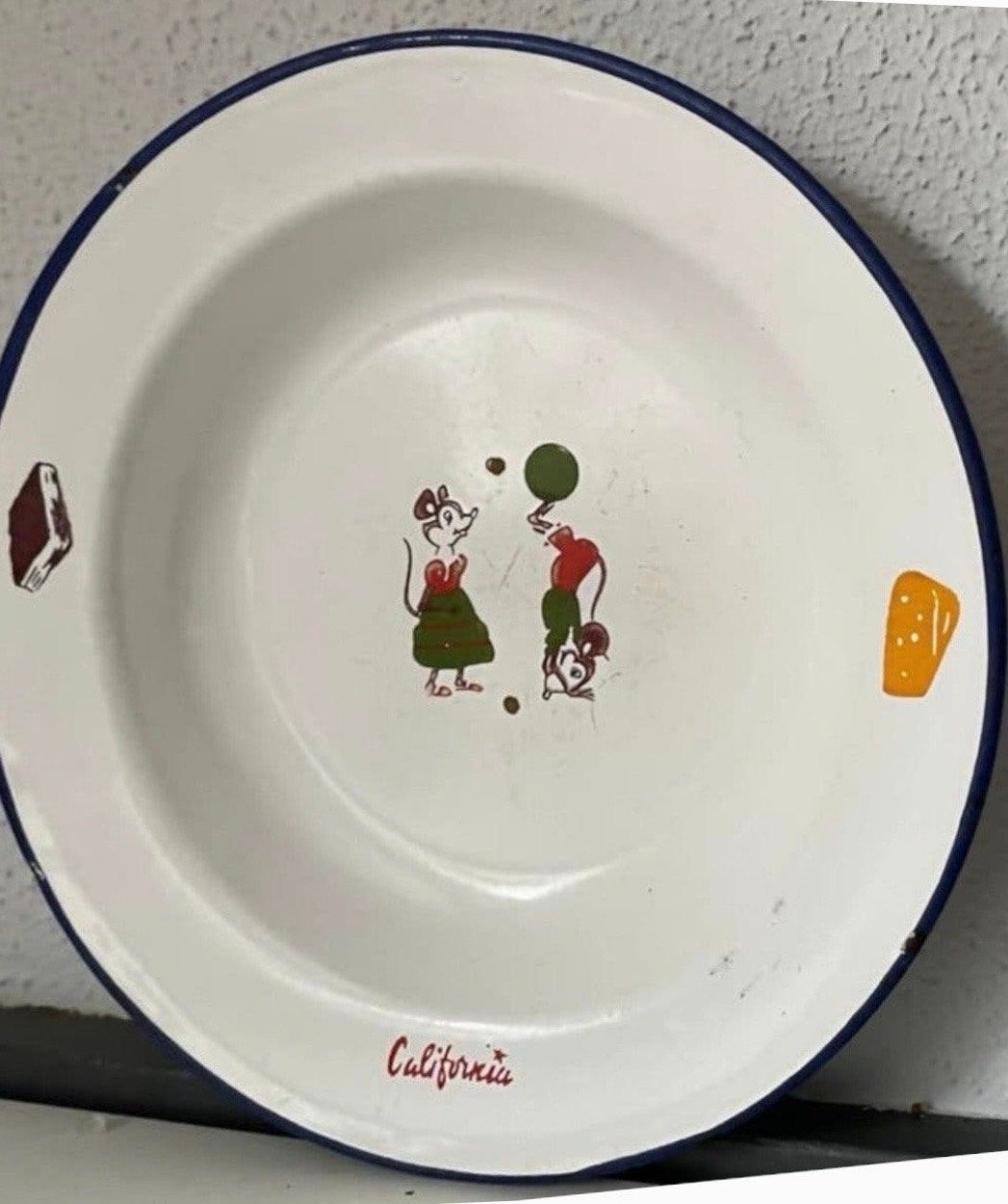 Vintage emaille kinderbordje met muisjes - California, Antiek en Kunst, Ophalen of Verzenden
